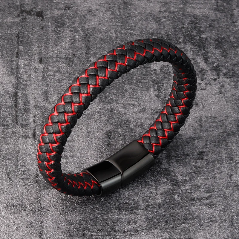 Trendy Red Genuine Leather Bracelet for Men Jewelry Multicolor Stainless Steel Magnetic Clasp Braided Wristband Male Punk Gift