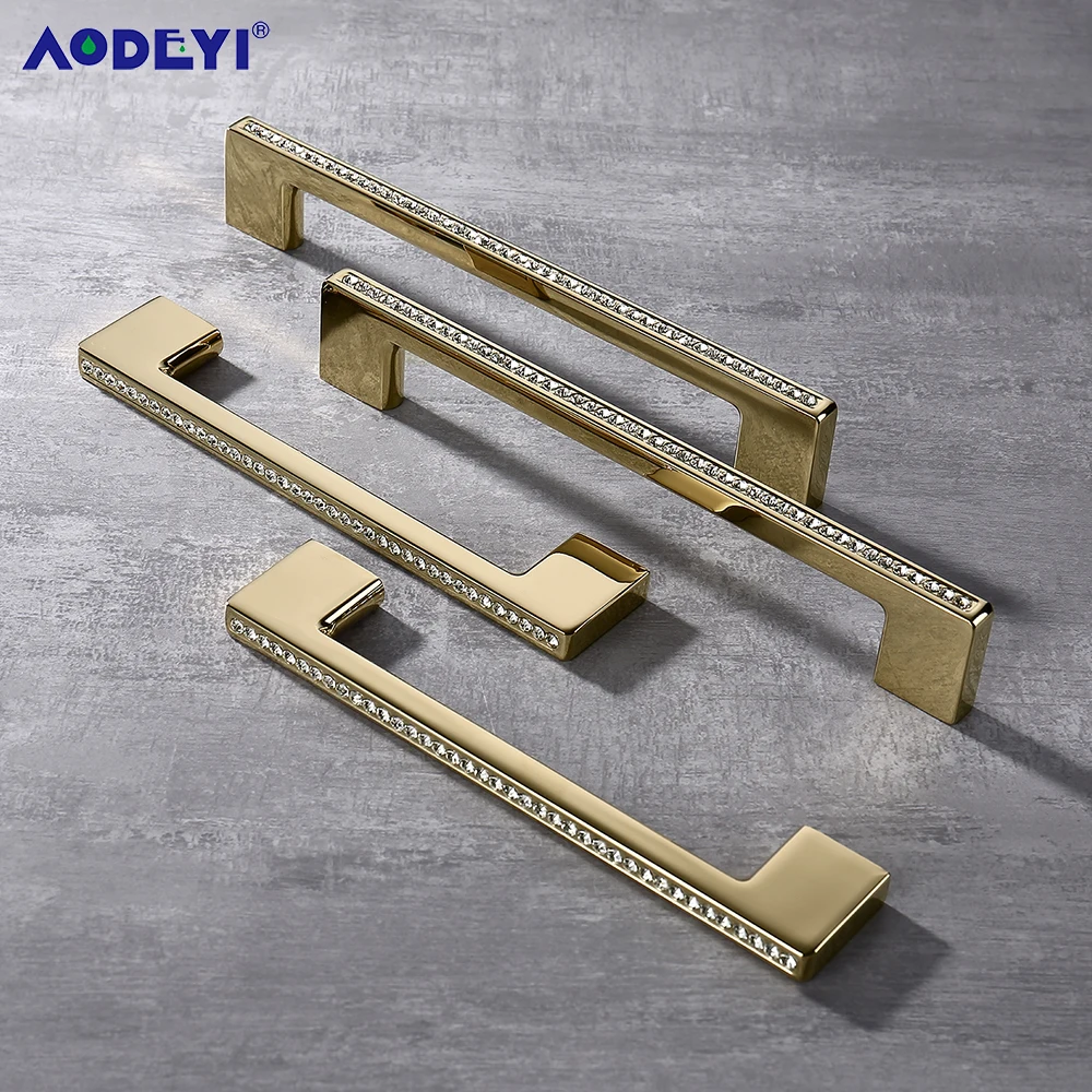 Cabinet Pulls 24K Real Gold Crystal Drawer Diamond Wine Wardrobe Decotation Sliver Furniture Knobs Dresser Pull Handle 128/160MM