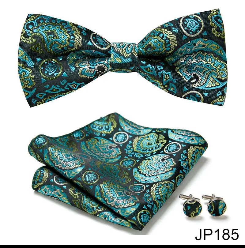 Great Quality Silver Office Butterfly Hanky Cufflink Set Bowtie For Men Geometric Hombre Formal Clothing