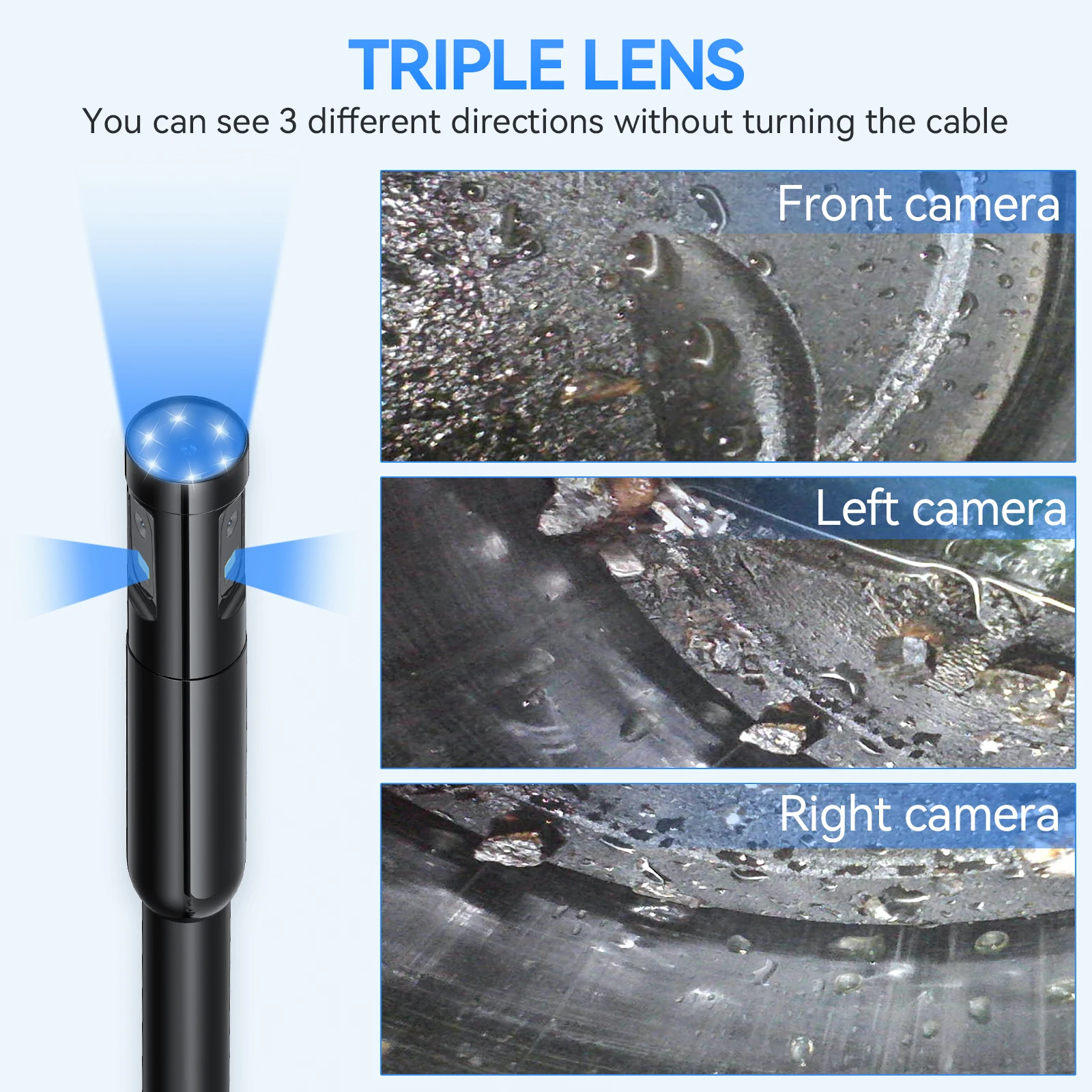 Teslong Triple Camera Endoscope, Inspection Camera Borescope with Front Lens, Side Lens & Short-Focus Side Lens for Drain, HVAC