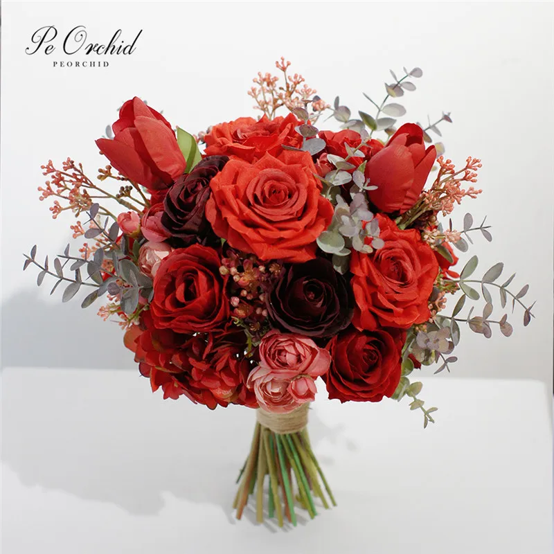 PEORCHID-Ramo De Novia rojo Artificial, Ramo De flores para boda, Accesorios Vintage 2021