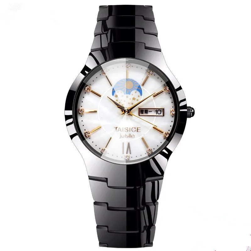 Men Date Quartz Watches High Polish Tungsten Steel Moon Star Watch Strap Casual Brand Watch Gentleman Waterproof Watch Jewelry