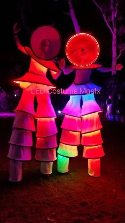 White Halloween Costume Adults LED Robot Suit Color Change Light Up Stilt Walker Luminous Giant Dress Nightclub Performance