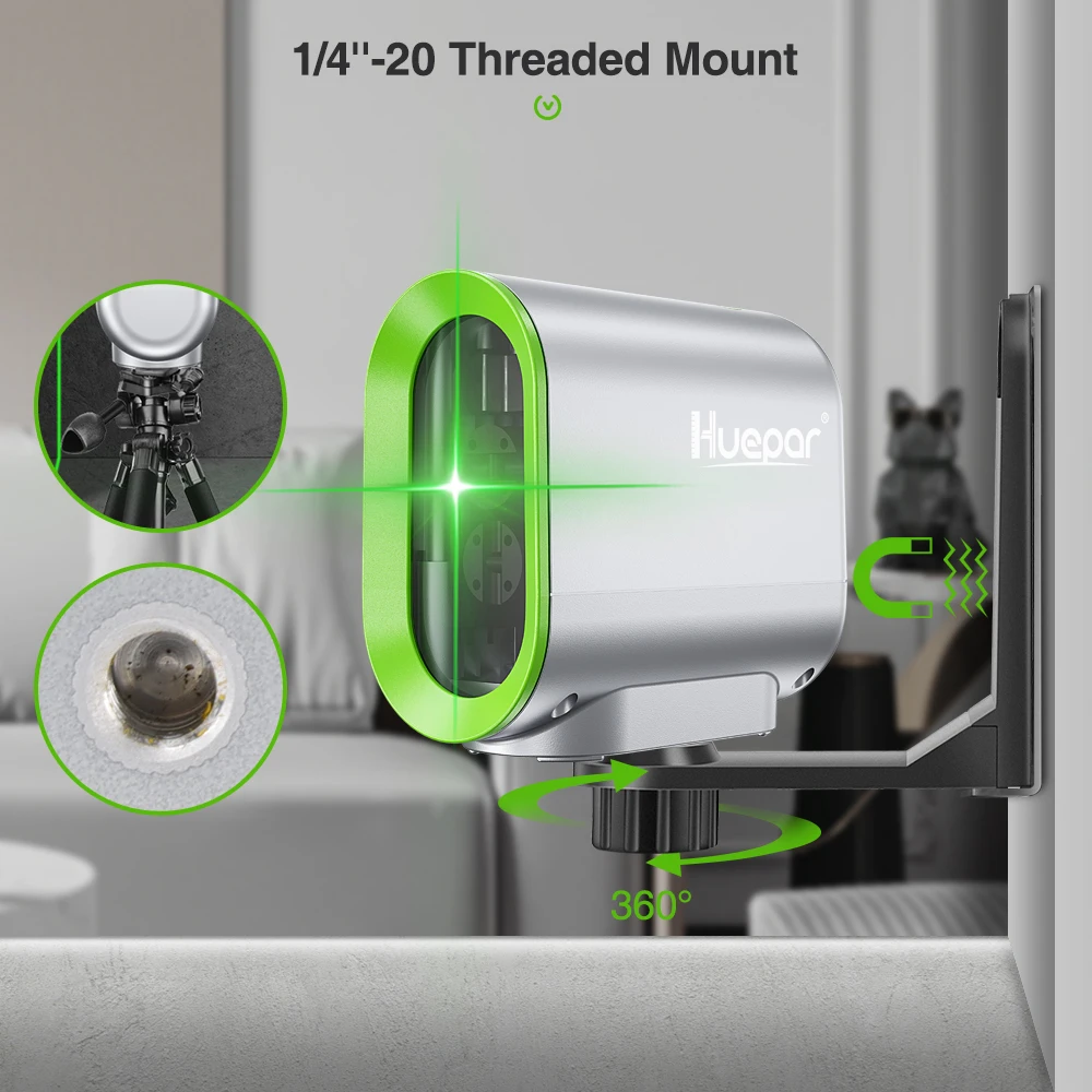 Huepar 2 Lines Laser Level Green Beam Self-Leveling Cross Lines Rechargeable Laser Level Tool With Magnetic Bracket & Tripod Set