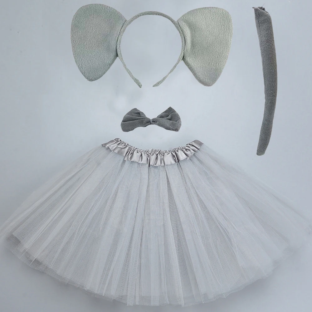 Ensemble jupe tutu éléphant pour femmes et adolescents, nœud d'oreille, queue droite, accessoires d'anniversaire, costume d'Halloween, cosplay pour enfants