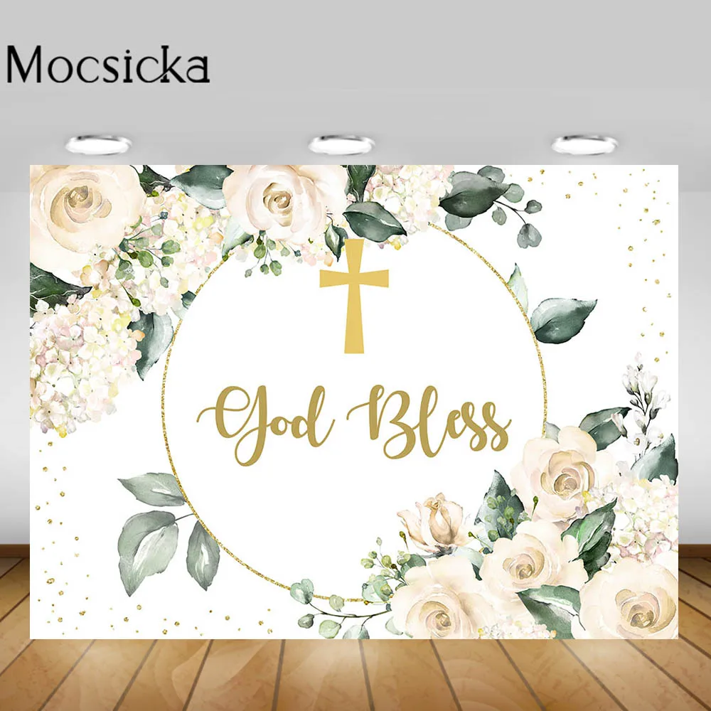 Mocsicka Рождественский фон для новорожденных крестины мой первый Причастие золотой крест фон для фотостудии Цветы Листья