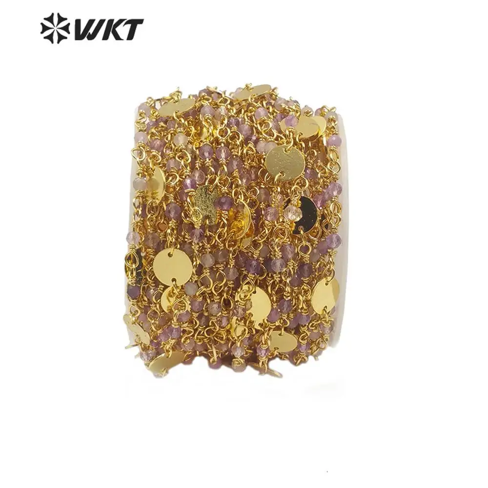 

WT-RBC142 wholesale a methyst stone beads chain with Gold Electroplated brass chain Rosary Chain 10 meters For Jewelry Making