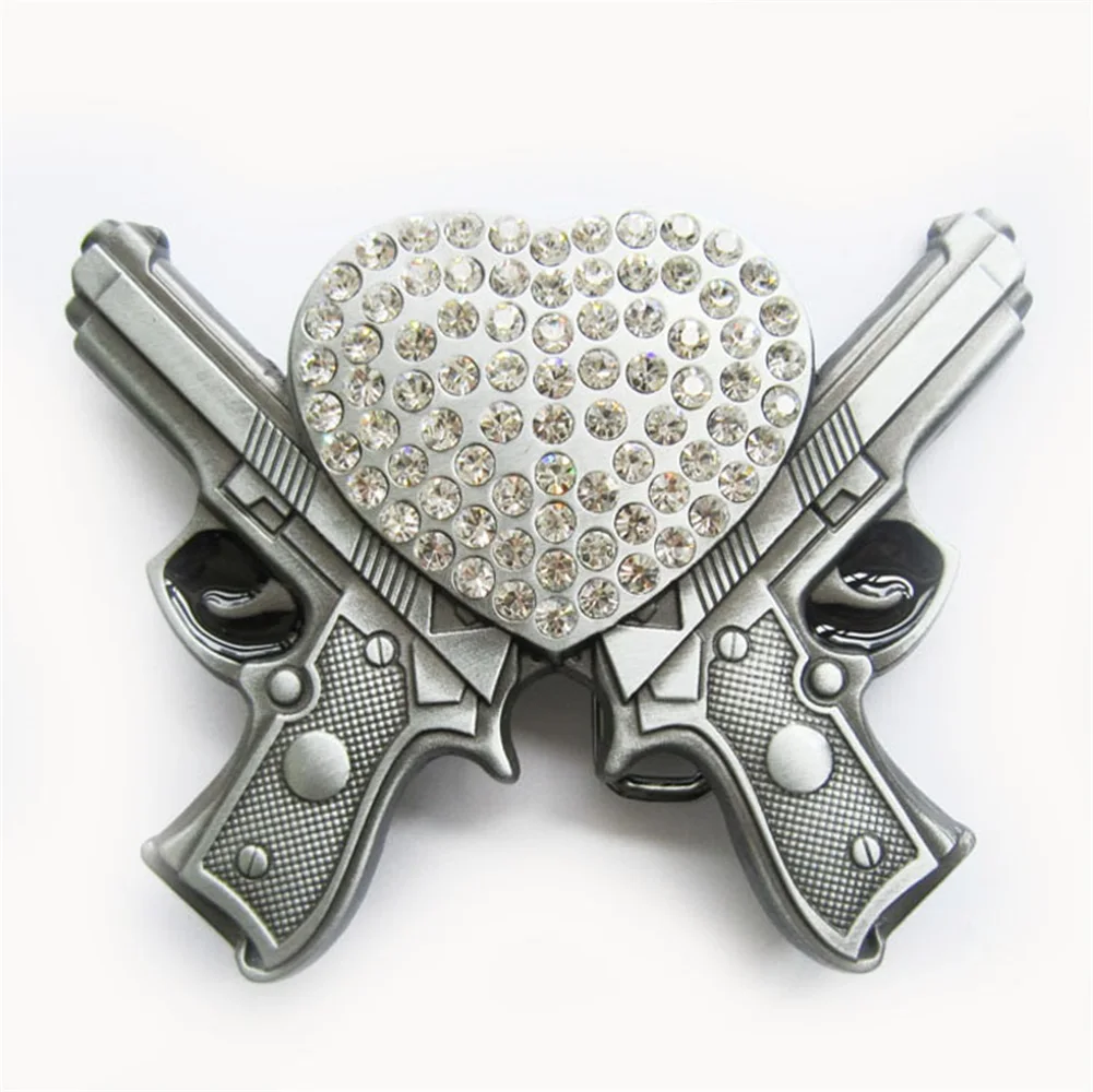 Vintage Style Cut Out Rhinestones Double Gun Heart Belt Buckle BUCKLE-GU015