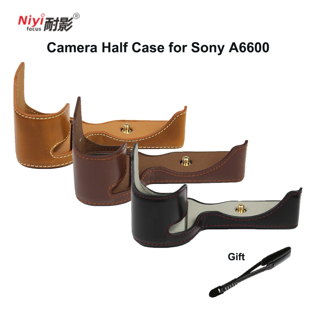 Kamera Setengah Casing untuk Sony A6600 Kamera Bagian Bawah Baterai Versi Pembukaan PU Kulit Casing Kamera Video Setengah Tas Pelindung Penutup