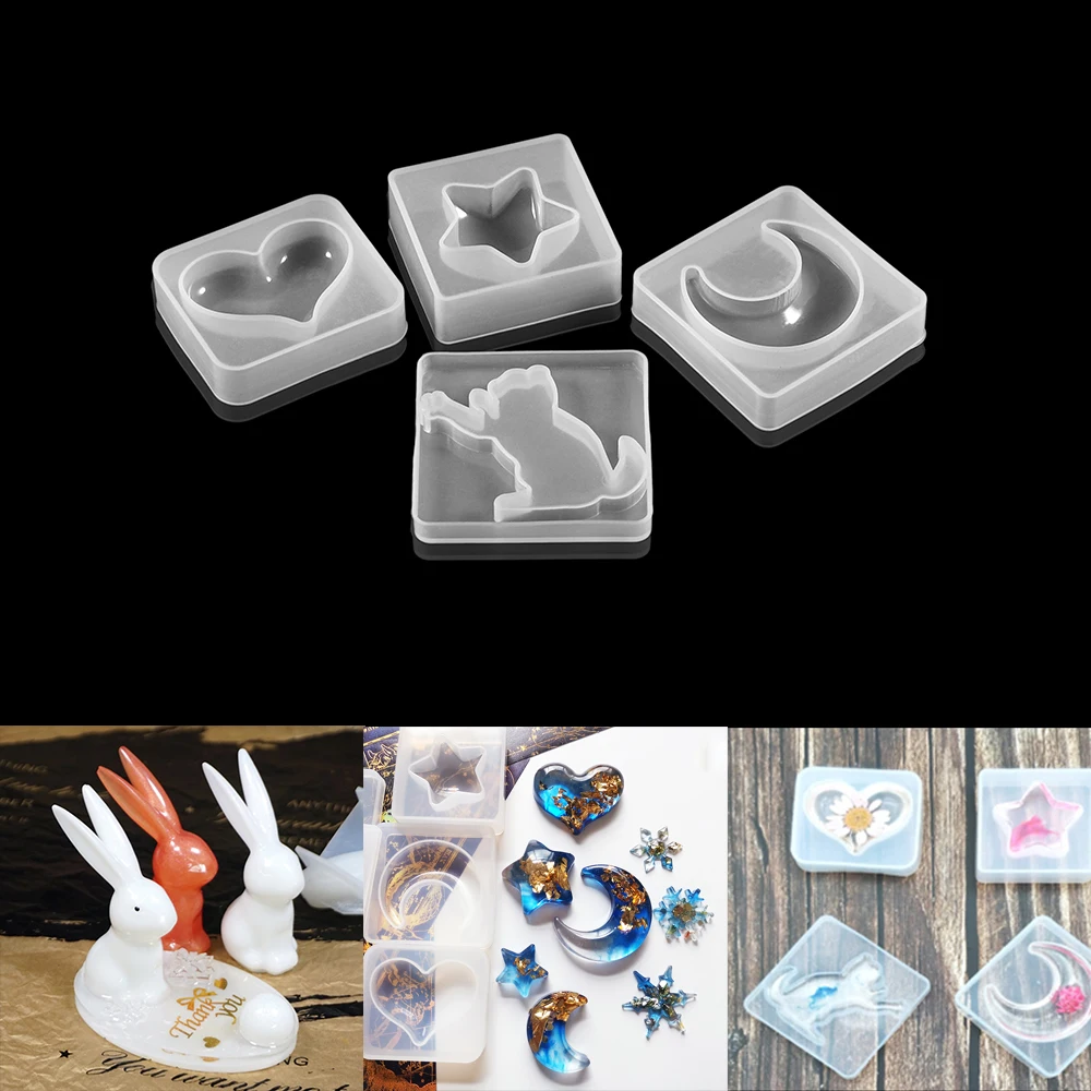 Liquid Silicone Mold for DIY Resin Decorative Craft Moon Star Heart Rabbit Epoxy UV Resin Molds for Pendants Jewelry Making Tool