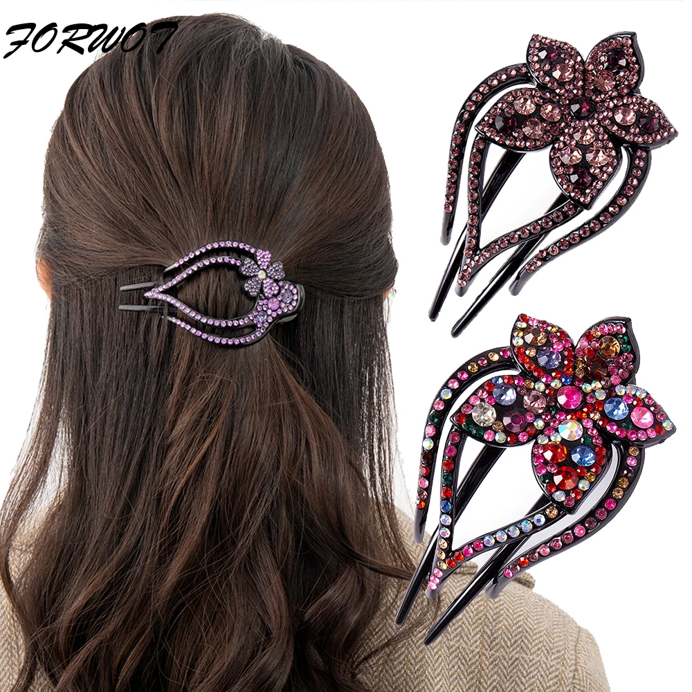 FORWOT Rhinestone Hairpin Flower Duckbill Hair Claws Clips Retro Barrettes For Women Shinning Ponytail Hair Accessories Headwear