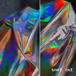 Holographic Mirror Surface Reflective Fabric Fluorescent Waterproof Soft PU Leather Fashion Designer Fabric Cloth 130x50cm