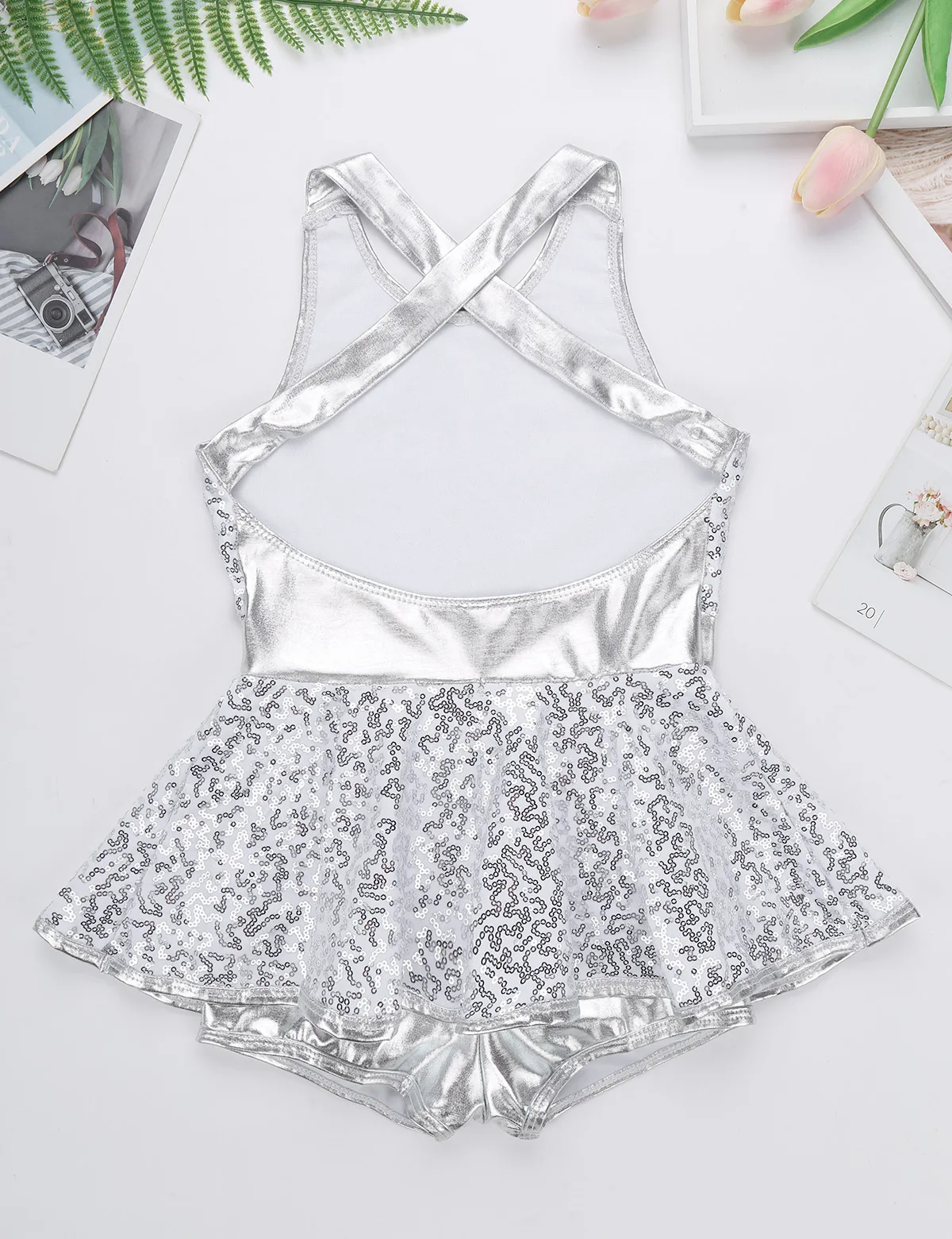 Kids Girls Shiny Sequins Sleeveless Criss-Cross Back Latin Jazz Dance Dress Leotard Disco Hip Hop Stage Performance Costume