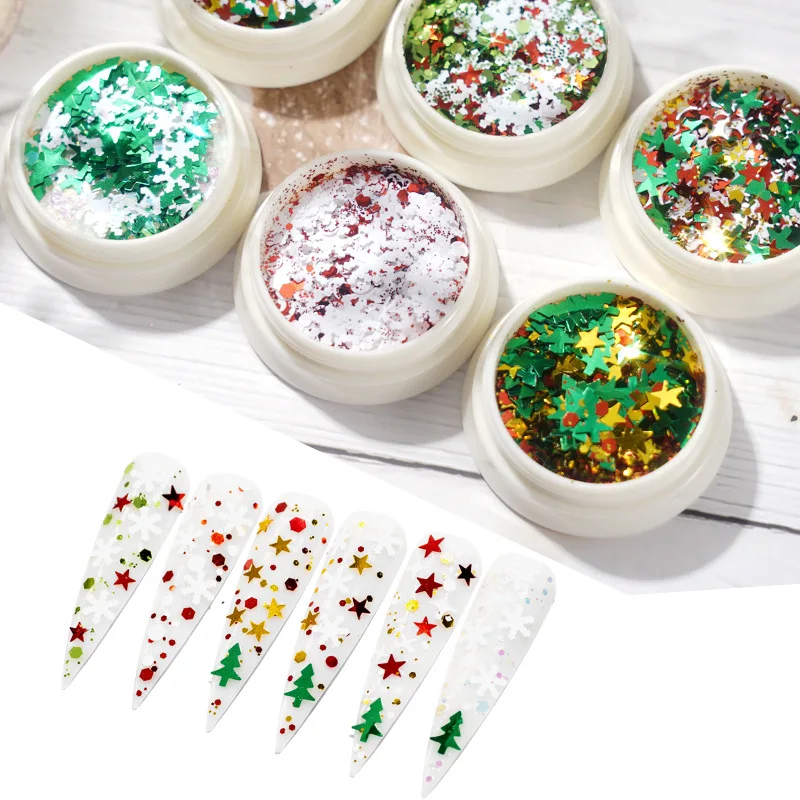 

New 61G/Bag Mix Christmas Snowflake Xmas Tree Starlights Holo Nail Glitter Sequins Nail Art Slice Stickers Decoration 6 Colors