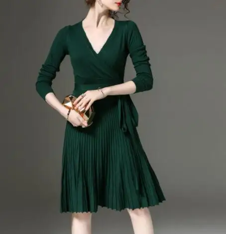 Women's Knitted Pleated V-Neck Midi Dress High Waist Bowtie Lace Up Vintage Woman's Dresses 2021 Summer Fashion Female Clothes