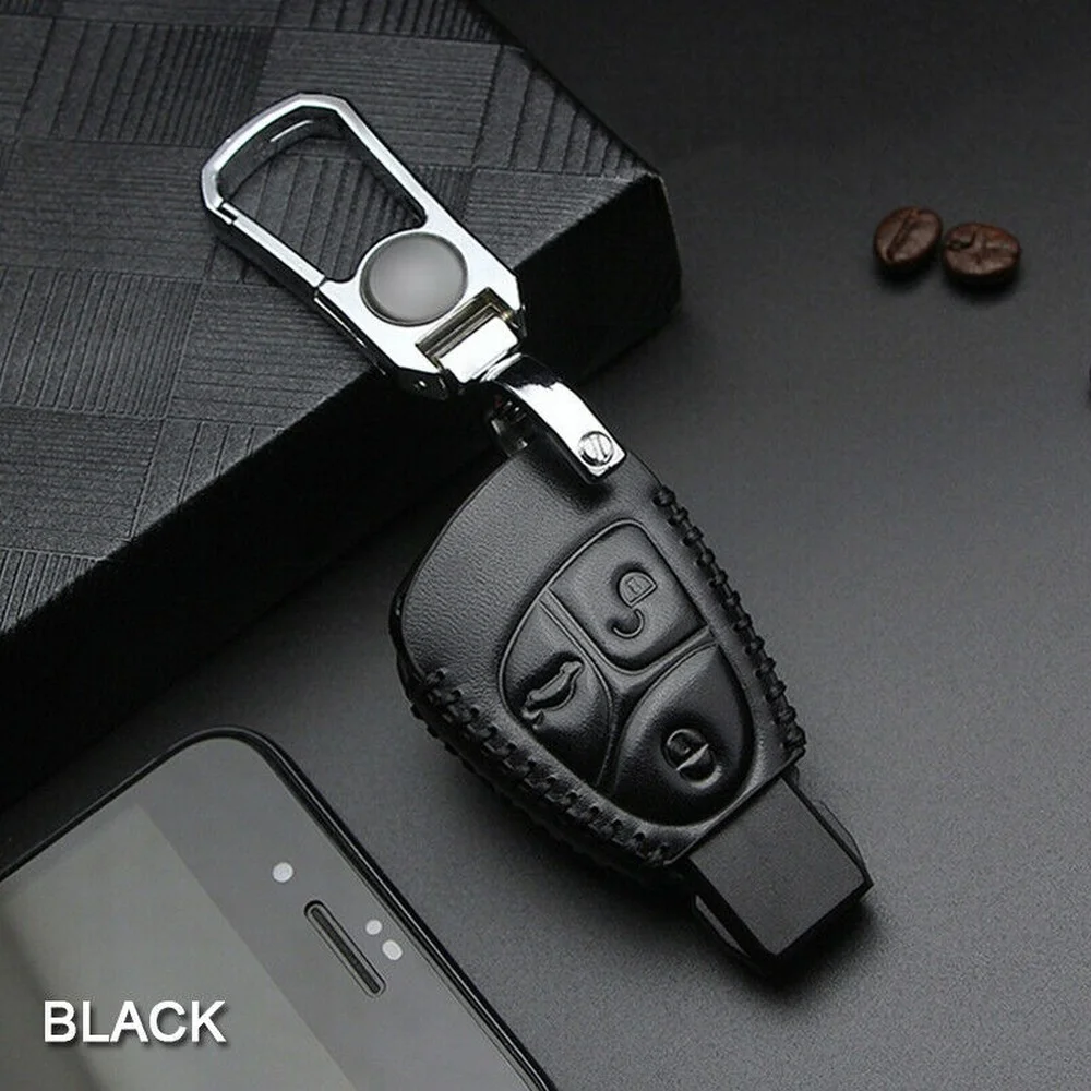 Leather Remote Car Key Fob Case Cover Holder Shell for Mercedes Benz C B E R Class GL CLS CLK SLK W203 W211 W204 3 Buttons Chain