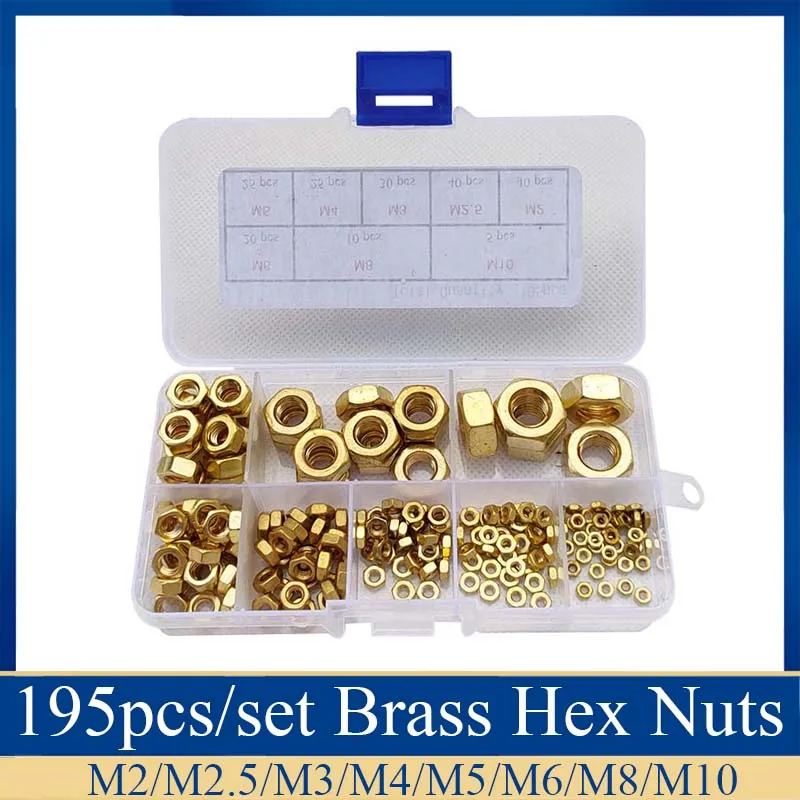 195pcs Brass Nut Copper Hexagonal Nut M2-M10 Brass Hex Nut kits