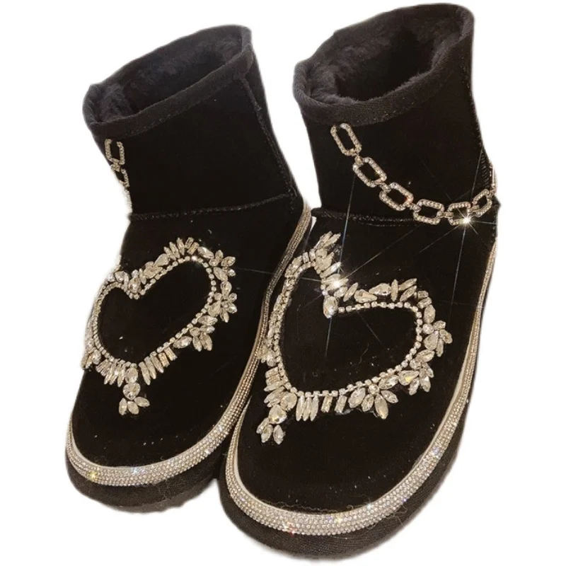 Black Cow Suede Women Winter Snow Boots 2021 Luxury Heart Rhinestones Warm Plush Ankle Boots Chains Ladies Outdoor Winter Shoes