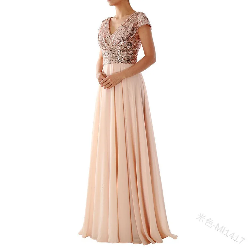 GZRM-1016 # abito da sera lungo in Chiffon laurea Beige nero viola matrimonio Pary abiti da ballo paillettes ragazze all'ingrosso con scollo a v