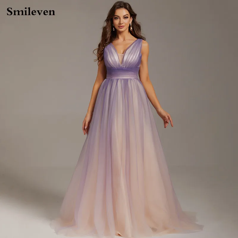 

Smileven Nude Pink And Purple Contrast Color Prom Dress A Line Sleeveless Evening Party Gowns V Neck Floor Length Prom Gowns