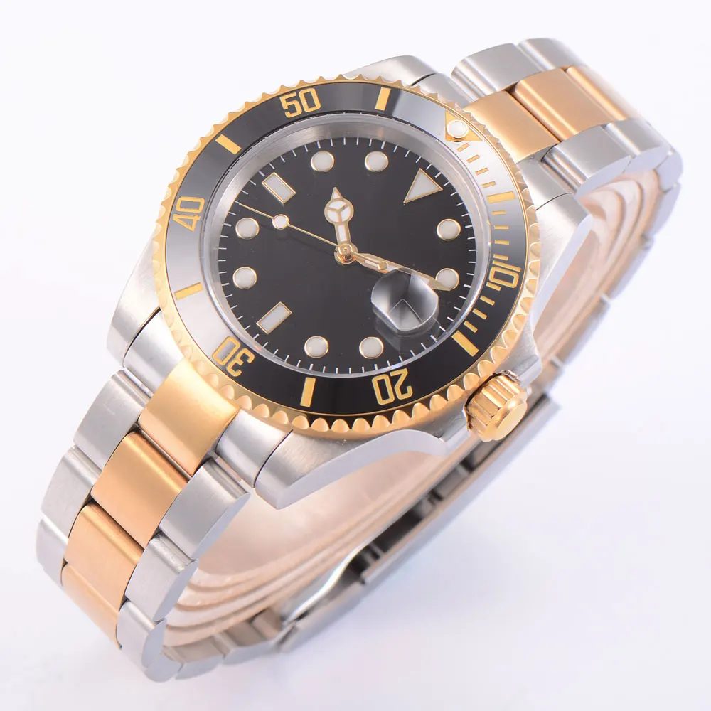 

Nologo Black Mechanical Men Watch 21 Jewels MIYOTA 8215 24 Jewels NH35 Two Tone Rose Gold Oyster Strap Ceramic Insert