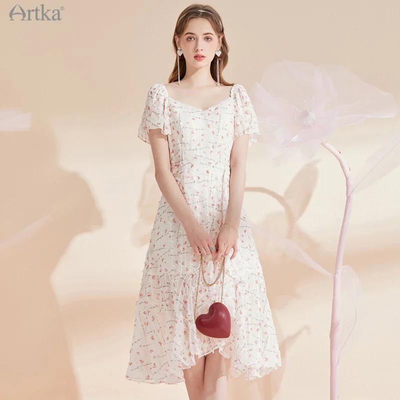 ARTKA 2021 Summer New Women Dress French Vintage Square Collar Chiffon Dresses Short Sleeve Ruffles Floral Midi Dress LA25314X