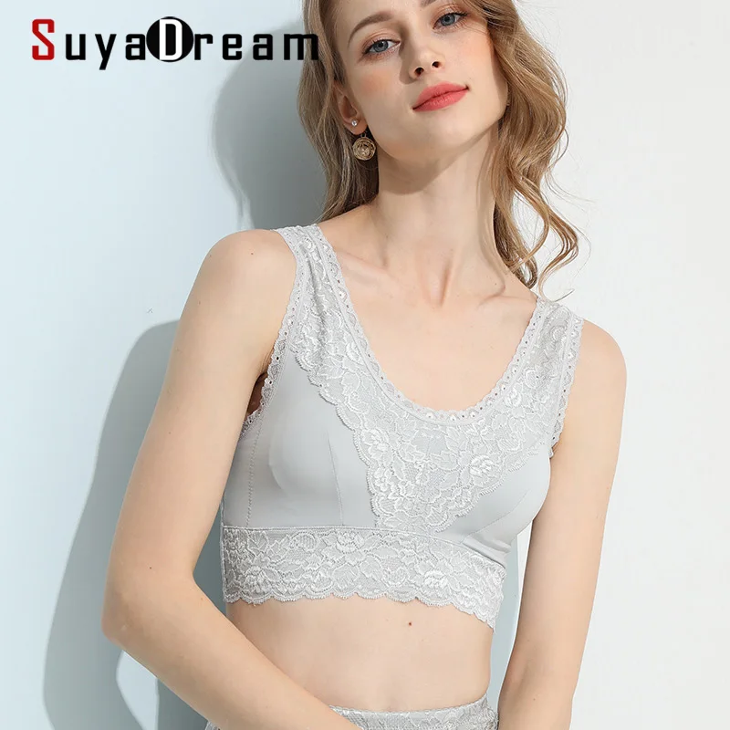 SuyaDream Wire Free Bra 100%Natural Silk Lining and Lace Bras Everyday Wear Tanks Bra Black Silver