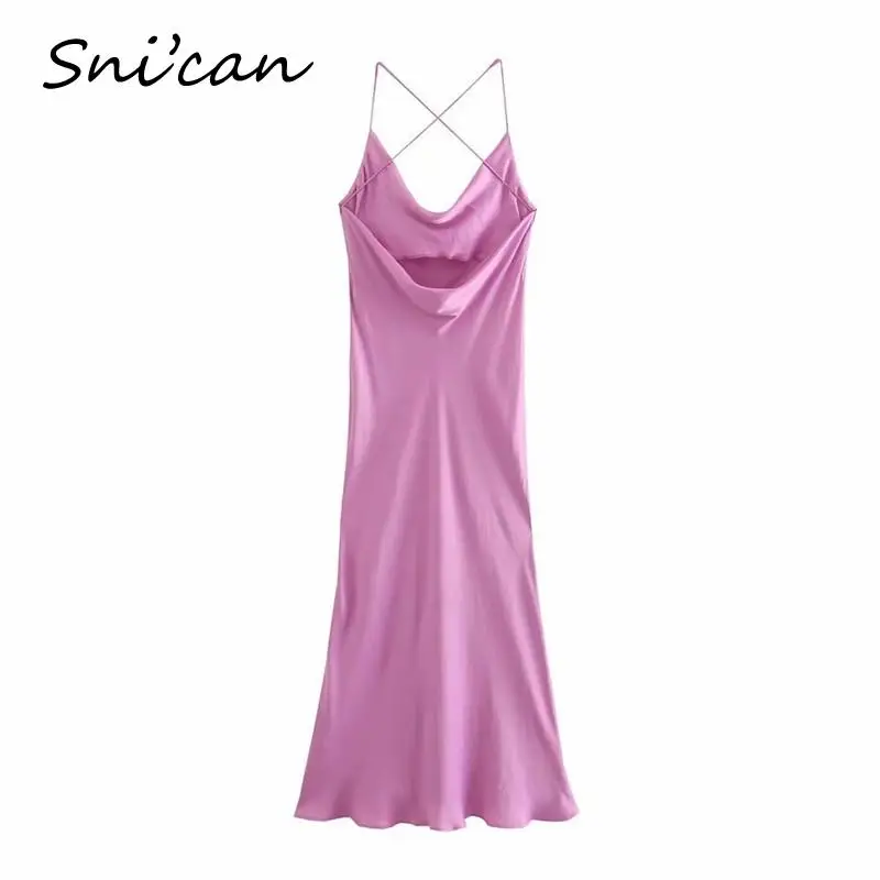 Pink Backless Sexy Dress Za 2021 Women Swing Collar Bandage Spaghetti Strap Party Club Midi Satin Dresses Robe Sukienka Letnia