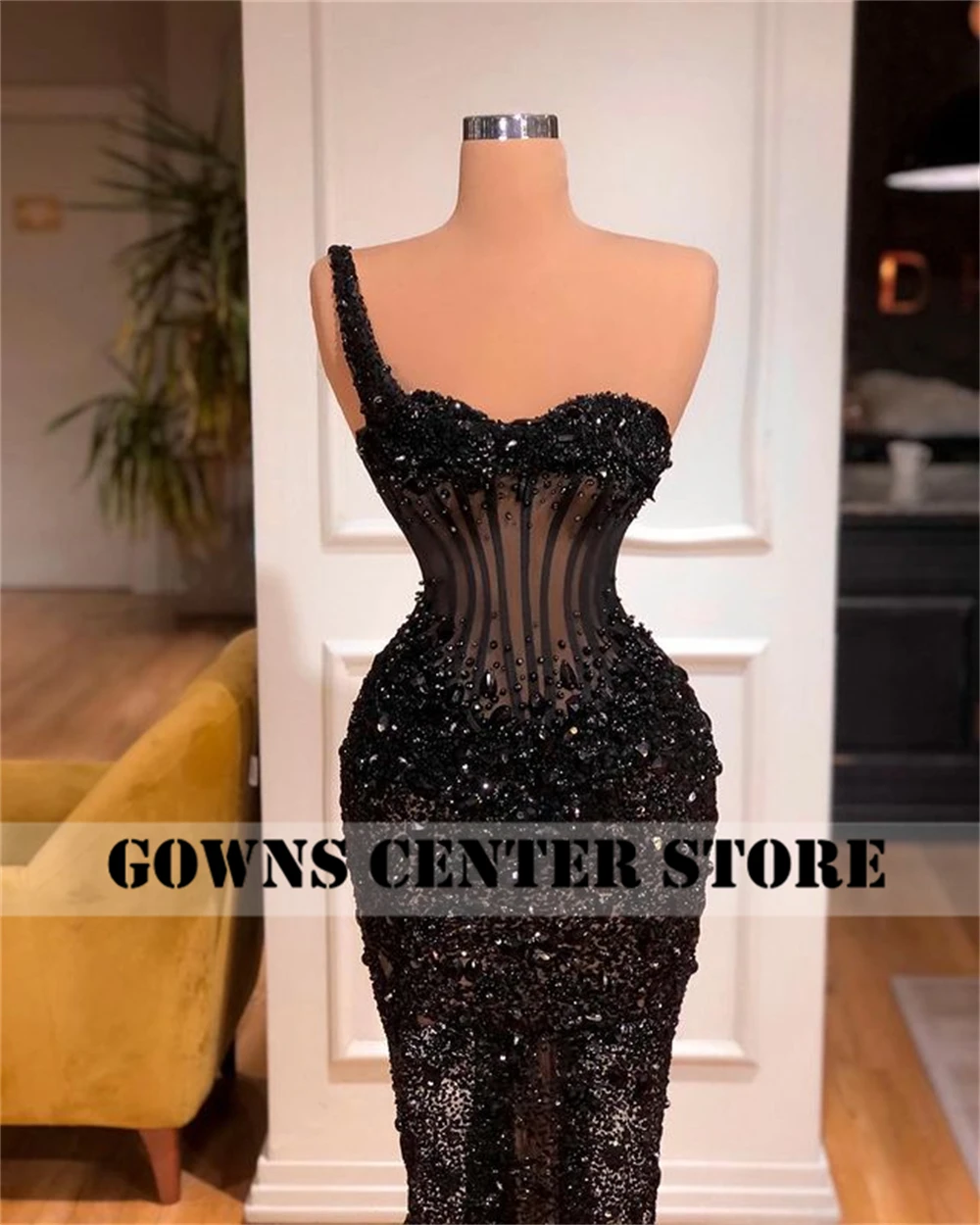 Stone Beaded Dubai Black Mermaid Evening Dresses Party Dress Sparkly Sequin Long Sleeve Middle East Formal Gowns robe Customized