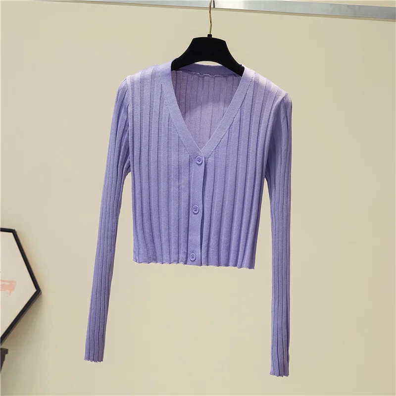 Solid Black Cropped Sweater Purple Knitted Ribbed Cardigan Yellow Crop Top Long Sleeve Women Pullovers Elegant Blouses Clothing