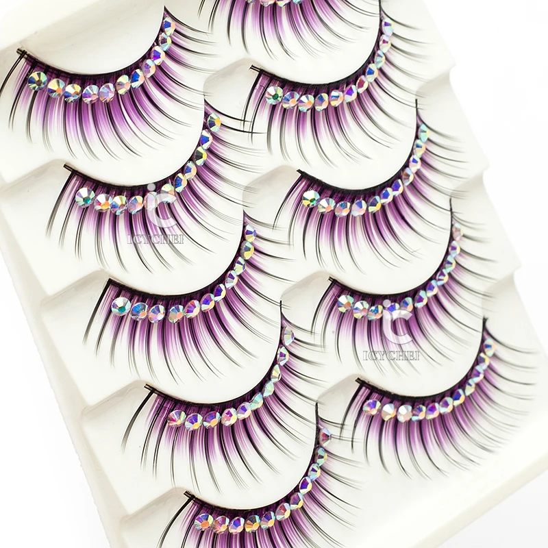 5 Pairs Purple False Eyelashes With Diamond Set Long Thick For Catwalk Performance Latin Dance Bushy Eye Lashes Pack