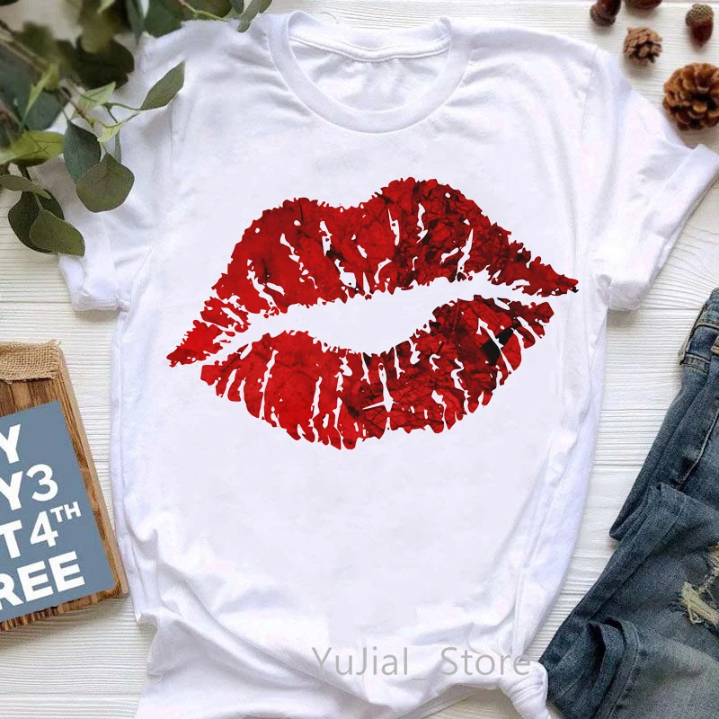 Red Glitter Lips Print T-Shirt Women\'S Clothing Summer Fashion Tshirt Femme White Style T Shirt Female Harajuku Shirt Wholesale