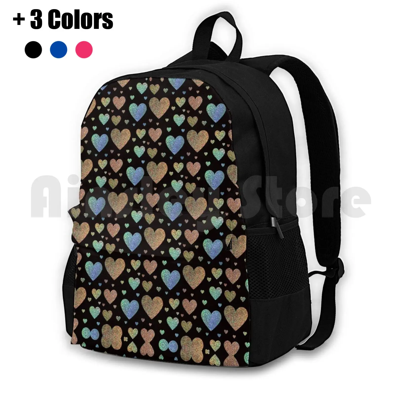 Holographic Rainbow Ombre Glitter Hearts Outdoor Hiking Backpack Waterproof Camping Travel Glitter Art Sparkle Glitter Sparkle