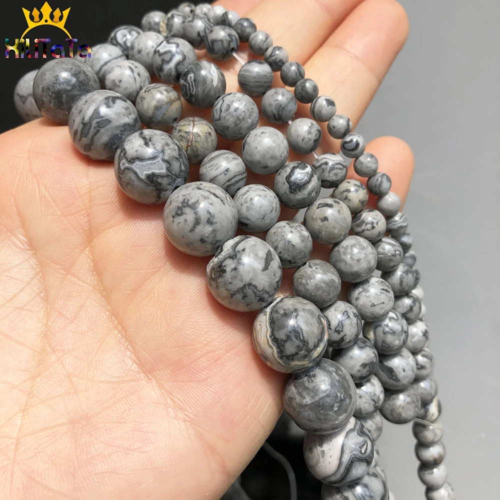 Natural Stone Beads Grey Map Jaspers Round Loose Beads For Jewelry DIY Making Bracelet Accessories 15\'\' Pick Size 4 6 8 10 12mm