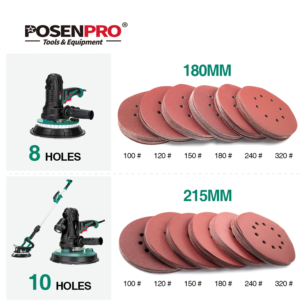 Posenpro-disco de lixa para polimento de drywall, 180mm, 215mm, vários buracos, polidor de drywall, ppds185, ppds225