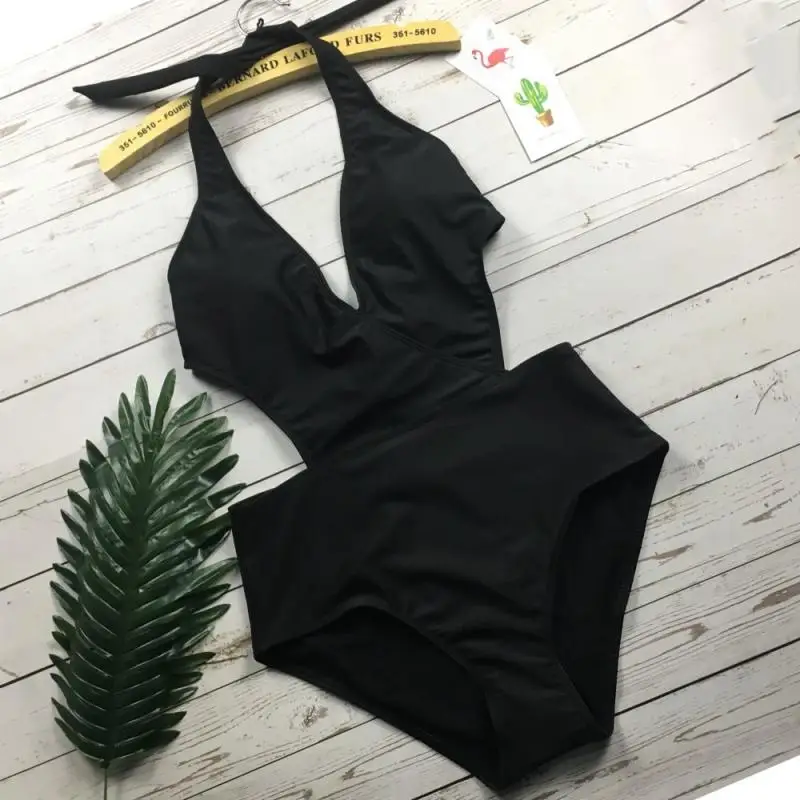 

One-Piece Sexy Halter Bikini Hanging Neck Solid Color Push-Up Swimwear Casual Lace-Up Beachwear