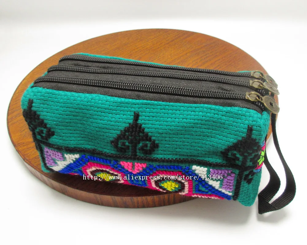 Green 3-Layer Wristlet Vintage Hmong Thai Indian Embroidered Fashionable Clutch Purse Boho Hippie Ethnic Cosmetic Bag SYS-438G