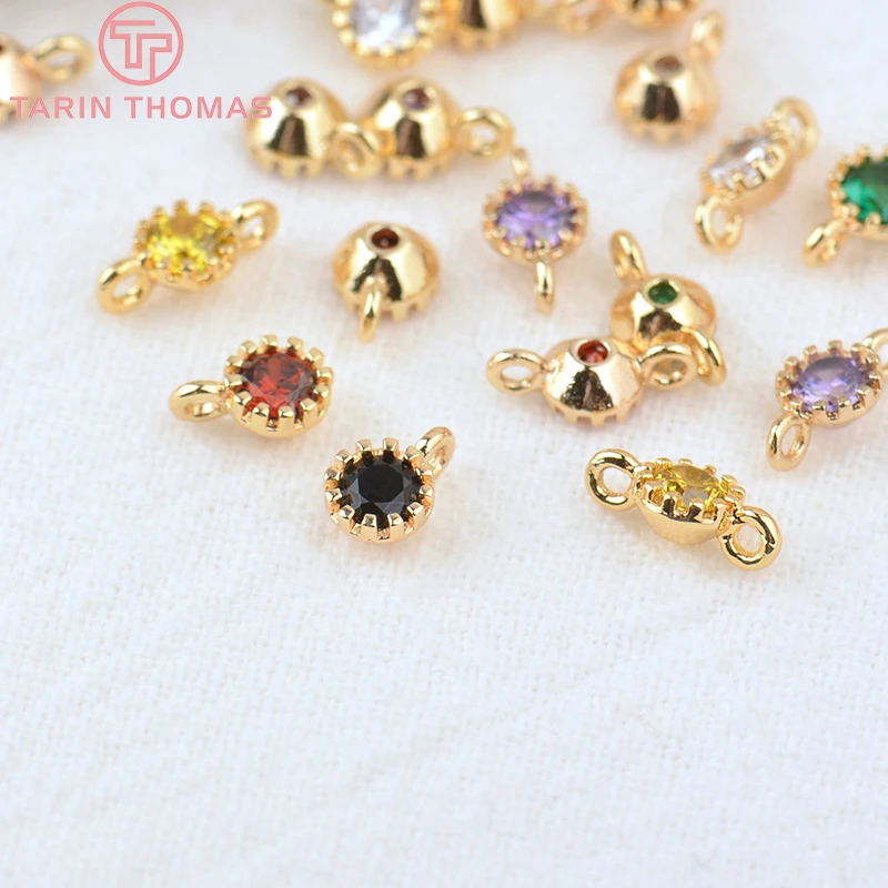 (740)10PCS 4MM Hole 1MM 24K Gold Color Brass with Colorful Zircon Round Charm Pendants for  Jewelry Making Findings Accessories