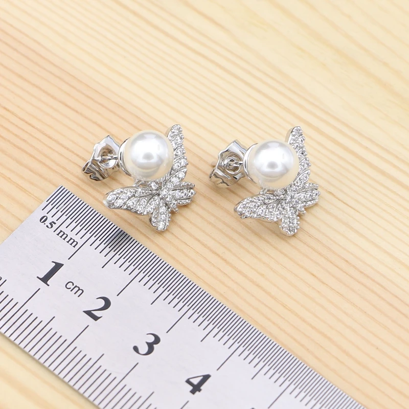 925 Silver Bridal Jewelry Sets White Cubic Zirconia Pearl for Women Butterfly Earrings/Ring/Pendant/Necklace view 4