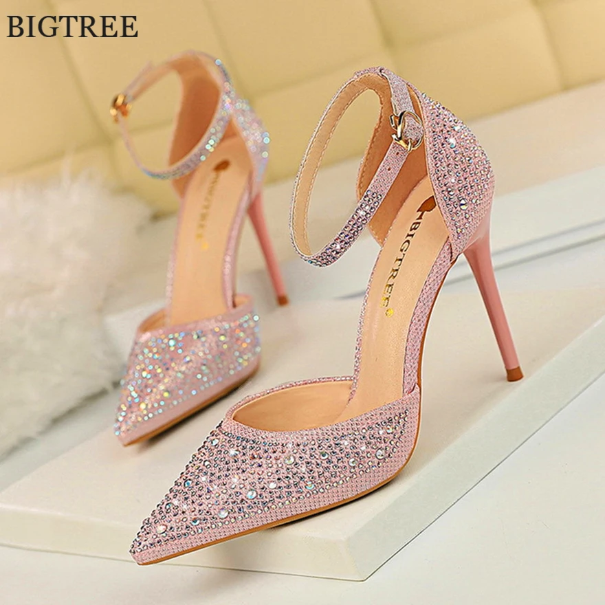 BIGTREE Women\'s Sexy Crystal Pointed Toe Party Wedding Shoes 10CM Korean Fashion Ankle Buckle High Heels Female Sandals Shallow