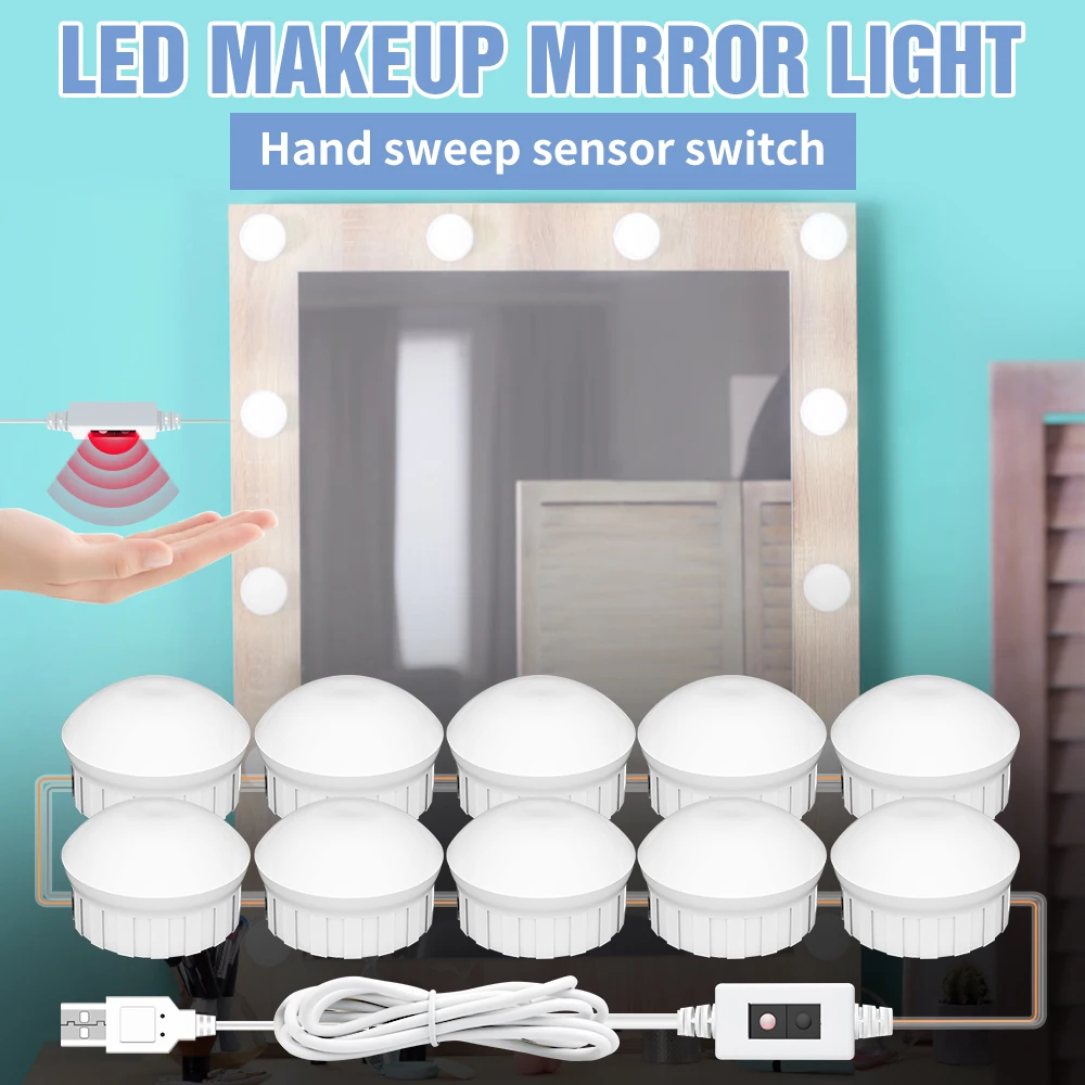 LED Vanity Light USB Makeup Mirror Lamp Hollywood Dressing Table Bulb Dimmable Bathroom Wall Lamp Room Cosmetic Mirror Backlit