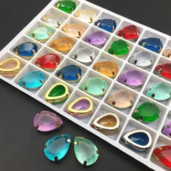 Hot Sale 10x14mm Water drop Sew on Rhinestones Pear Glazed Color Gold/White K Claw Resin Stones For Garment DIY free shipping