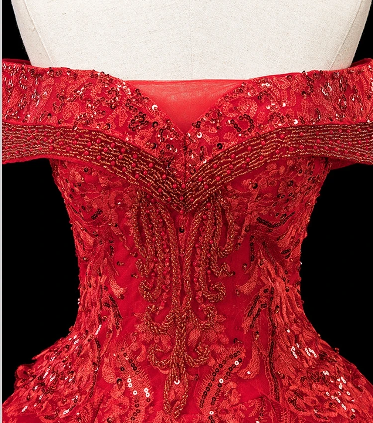 Robe de mariée de luxe en dentelle rouge/champagne, épaules dénudées, avec perles, robe de bal brodée, 2020