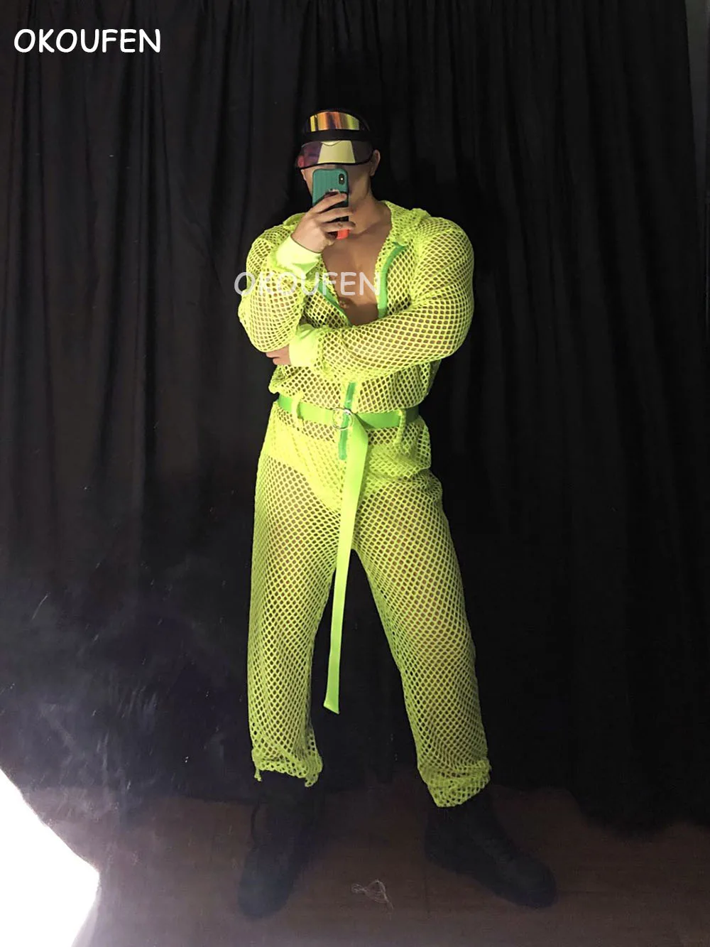 Bar and nightclub men and women ds party stage costumes fluorescent hollow one-piece work clothes