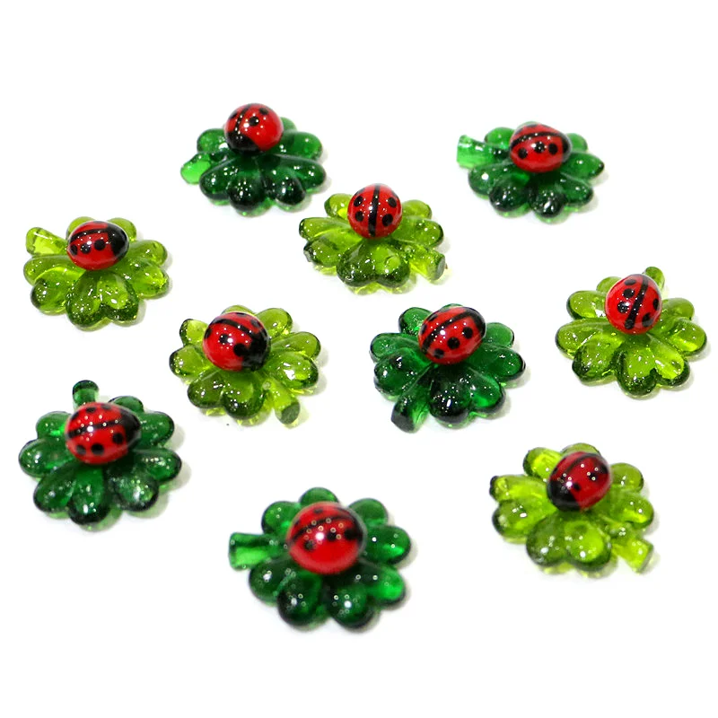 5PCS Wholesale Handmade Mini Glass Lucky Leaf Craft Ornament With Cute Tiny Ladybug Figurine Fairy Garden Home Decor Accessories