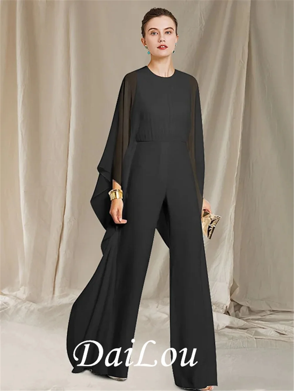 Pantsuit / Jumpsuit Mẹ Của Cô Dâu Đầm Thanh Lịch Viên Ngọc Cổ Tầng Dài Voan Tay Dài Có Xù 2022