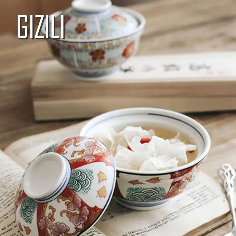 Japanese Ceramic Stew Pot Small Soup Cup with Lid Household Soup Noodle Bowl Steamed Egg Cup Bird\'s Nest Bowl Kitchen Supplies