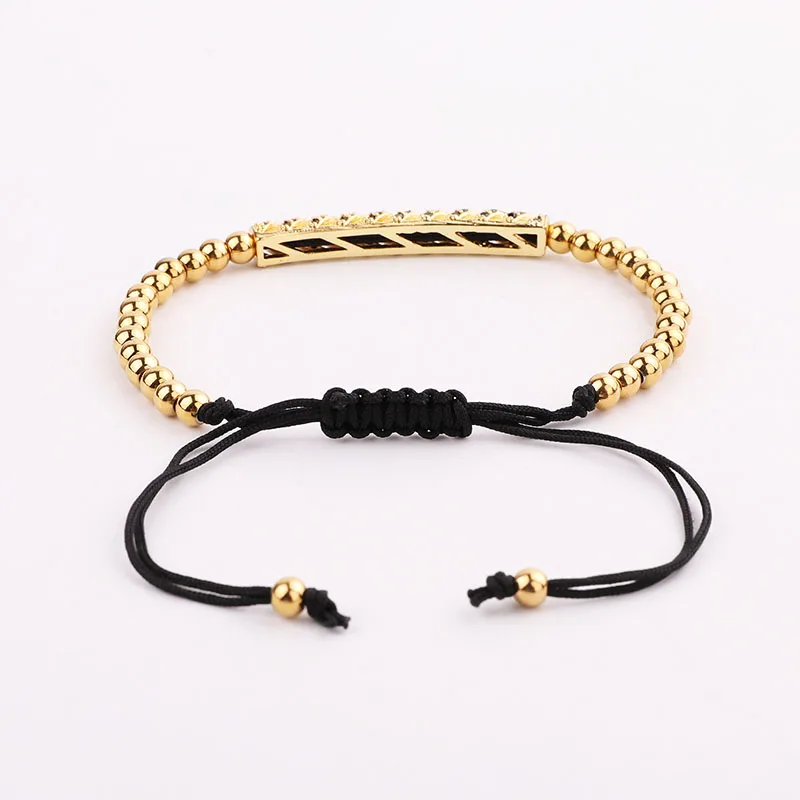 High Quality Men Women Jewelry CZ Pave Bar Charm Stainless Steel Beads Macrame Bracelet Gift