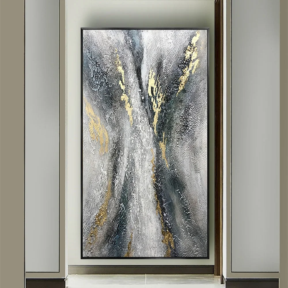 

Nordic Hand-Painted Oil Painting Gold Foil Black Gray Gravel Texture Canvas Paintings Modern Living Room Salon Mural Home Decor