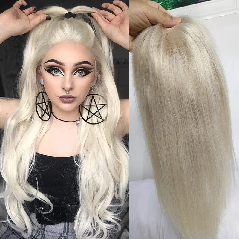 

18" 20"Ash Blonde Human Hair Topper Wig For Women Toupee 16*18 cm Breathable MONO PU Base With Clips Toupee Remy Hairpiece